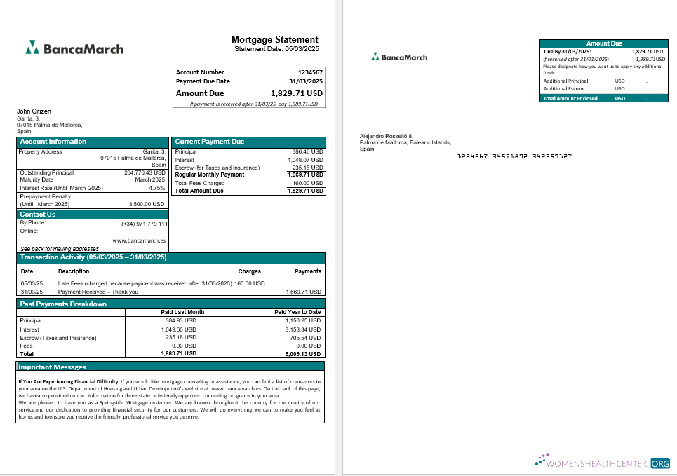 Download Spain Banca March mortgage statement in Word and PDF formats Photoshop template